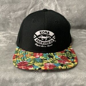 Kona Brewing Co. Sportiqe Snapback Hat Black Tropical Floral Brim Hawaii Map